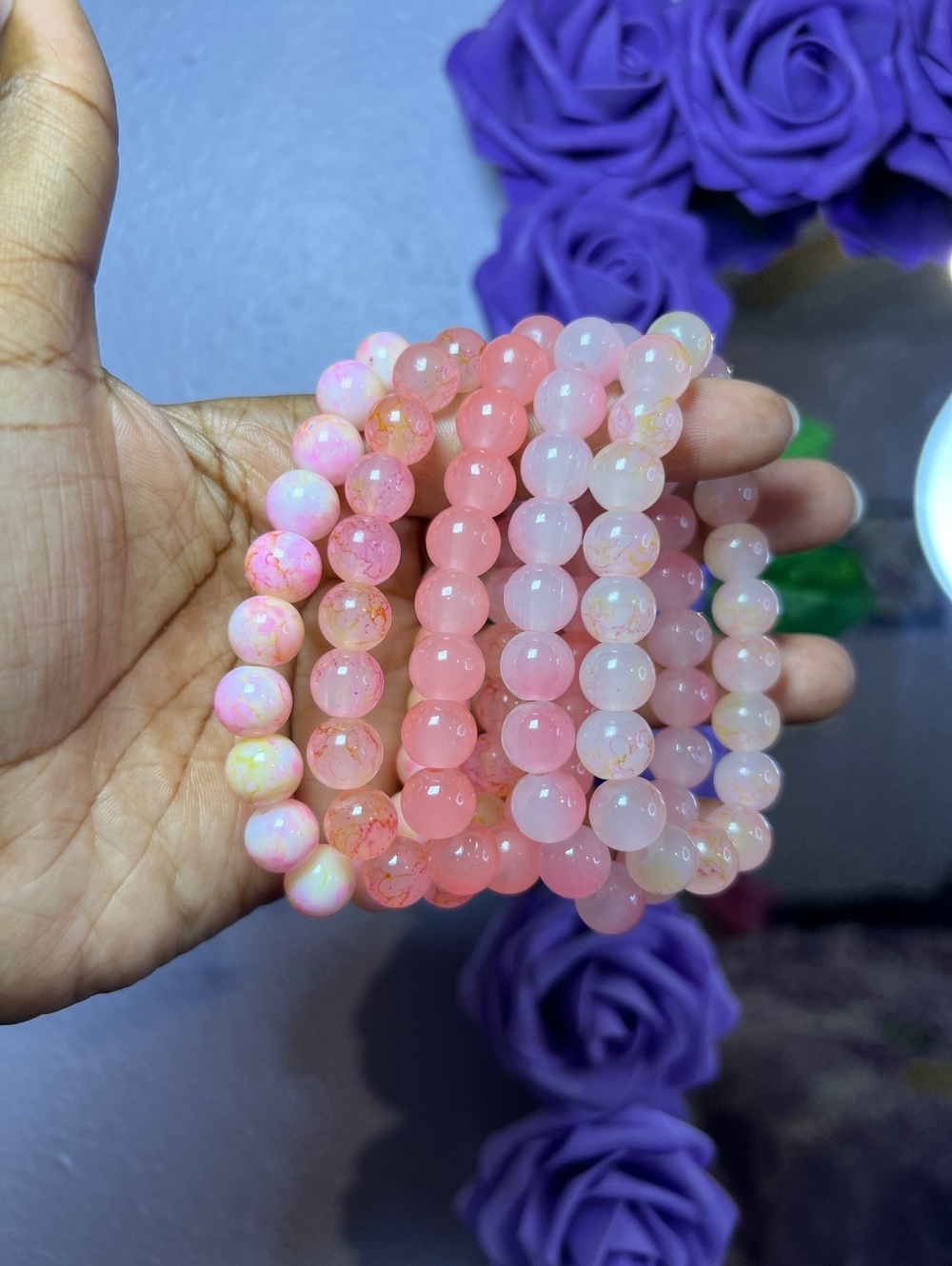 5pc Peach Pink Glass Beaded Stretch Bracelet Bundle